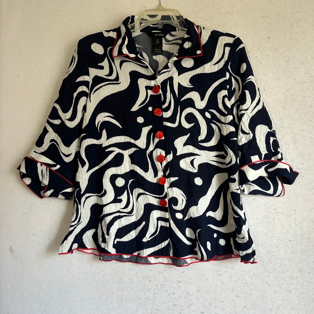 Ali Miles Pet S Navy White Abstract Swirl Button Front Blouse Red Trim 3/4 Slv